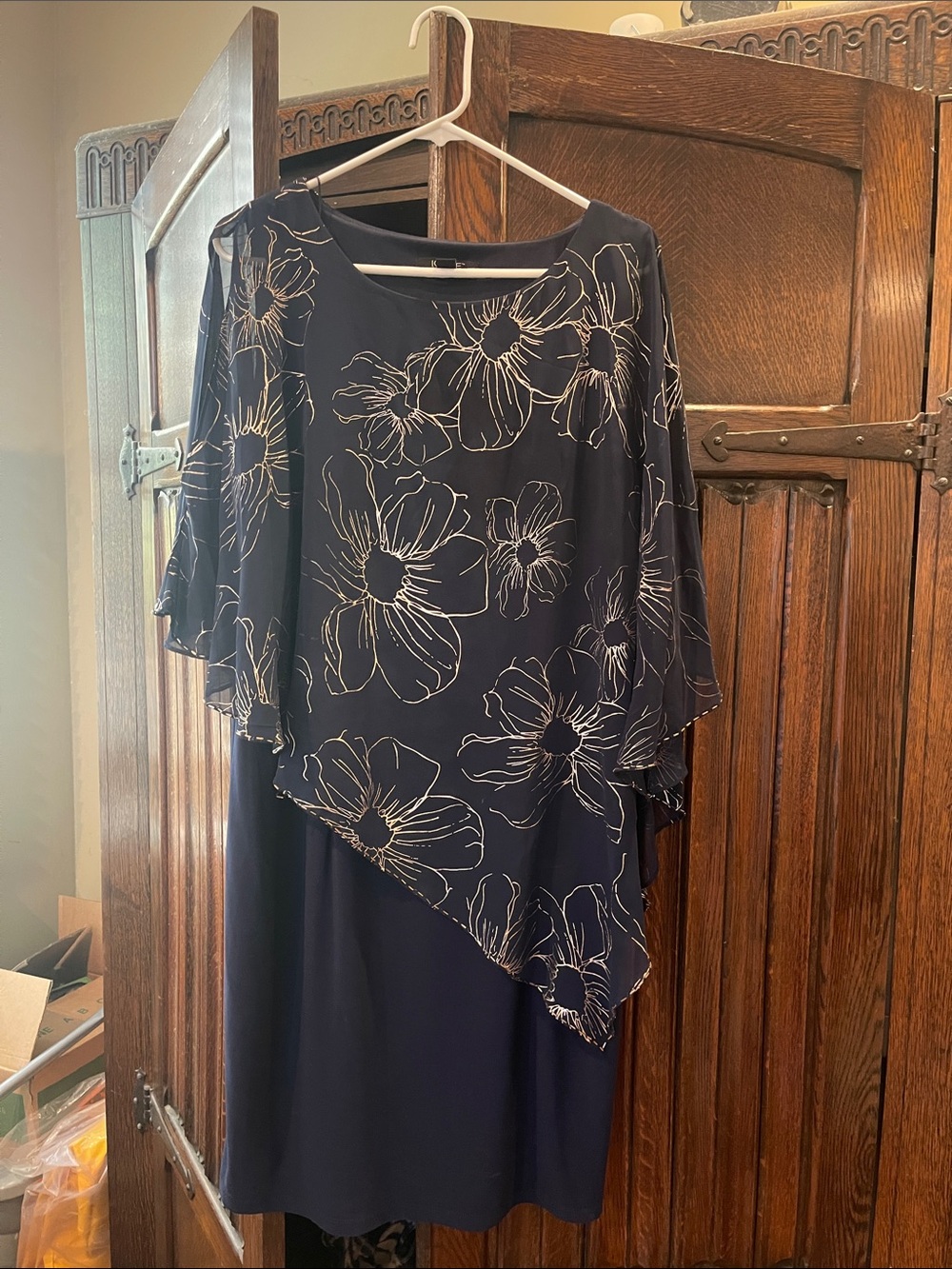 Women’s Navy/ Gold Floral Overlay Dress with open shoulders